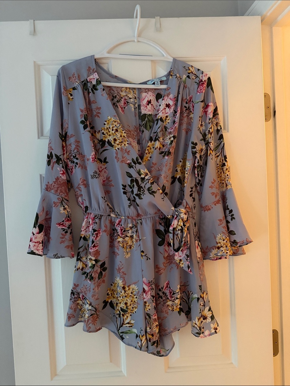 She + Sky Lavender Blue Floral Wrap Tunic Romper
